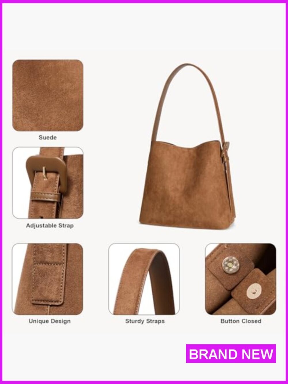 Vegan Suede Bucket Bag with Adjustable Strap and Detachable Pouch for Work - Picture 6 of 7